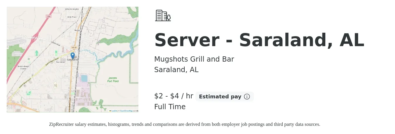 Mugshots Grill and Bar job posting for a Server - Saraland, AL in Saraland, AL with a salary of $2 to $5 Hourly with a map of Saraland location.