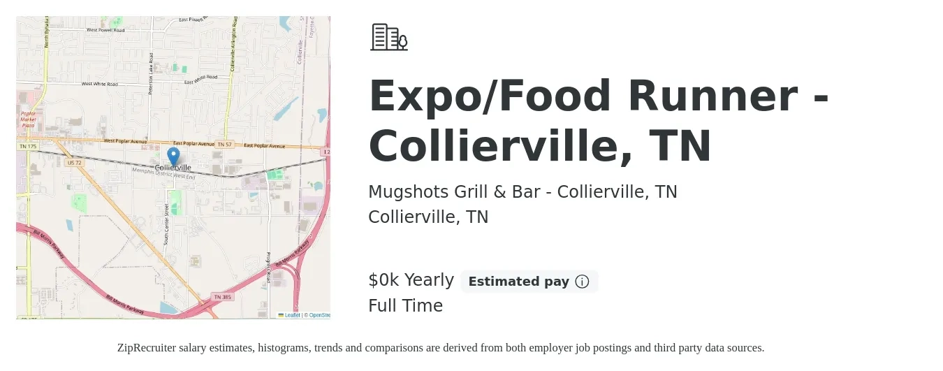 Mugshots Grill & Bar - Collierville, TN job posting for a Expo/Food Runner - Collierville, TN in Collierville, TN with a salary of $10 to $13 Yearly with a map of Collierville location.
