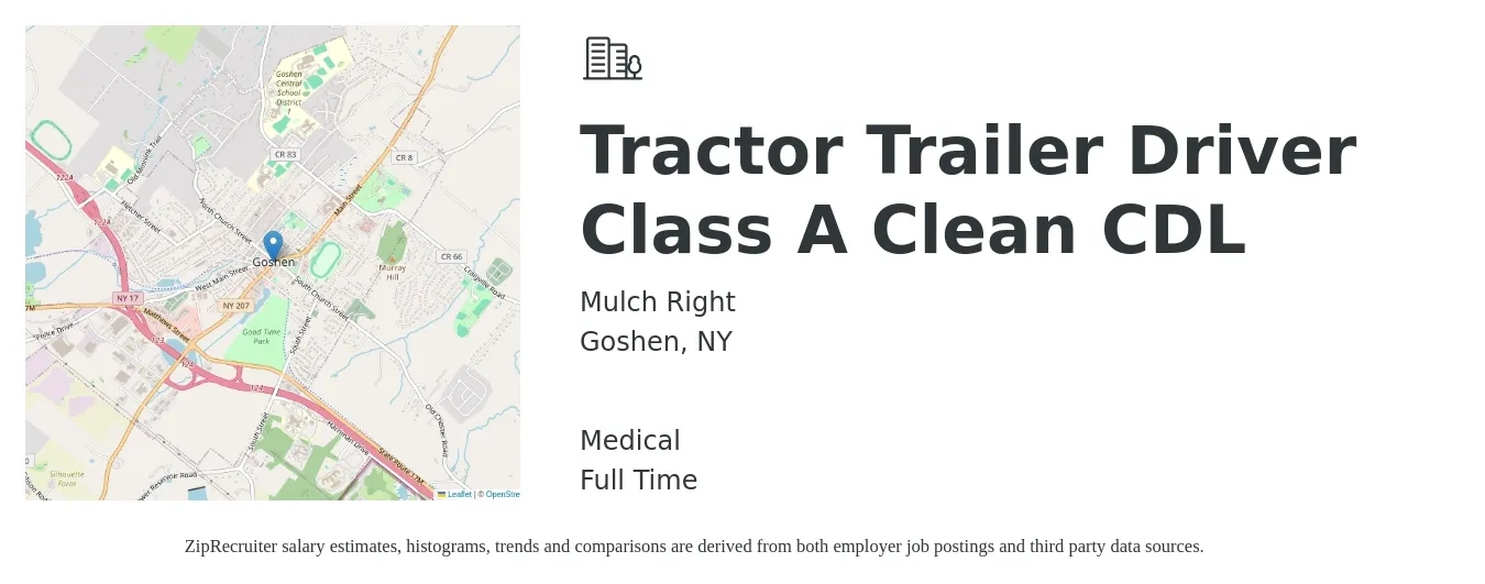 Mulch Right job posting for a Tractor Trailer Driver Class A Clean CDL in Goshen, NY with a salary of $22 to $29 Hourly and benefits including medical with a map of Goshen location.