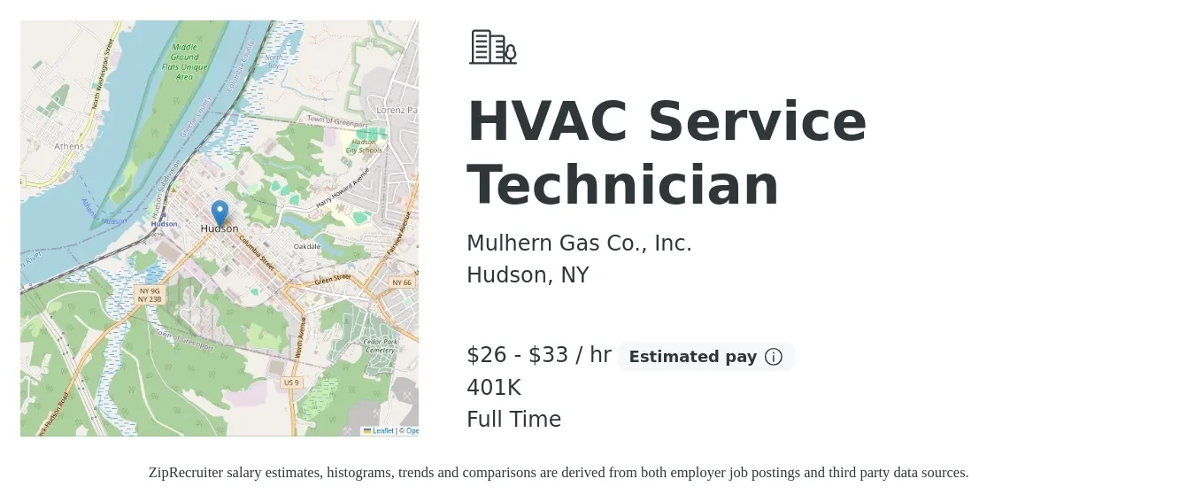 Mulhern Gas Co., Inc. job posting for a HVAC Service Technician in Hudson, NY with a salary of $28 to $35 Hourly and benefits including 401k with a map of Hudson location.