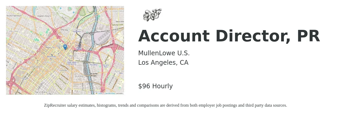 MullenLowe U.S. job posting for a Account Director, PR in Los Angeles, CA with a salary of $102,400 to $132,000 Yearly with a map of Los Angeles location.