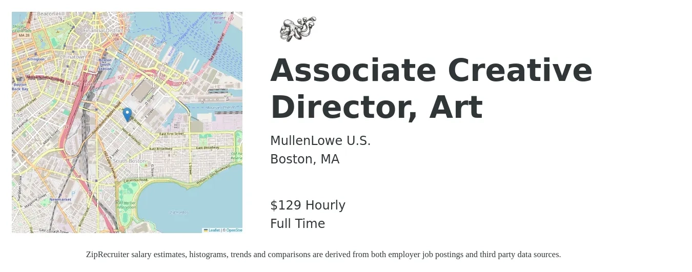 MullenLowe U.S. job posting for a Associate Creative Director, Art in Boston, MA with a salary of $135 Hourly with a map of Boston location.