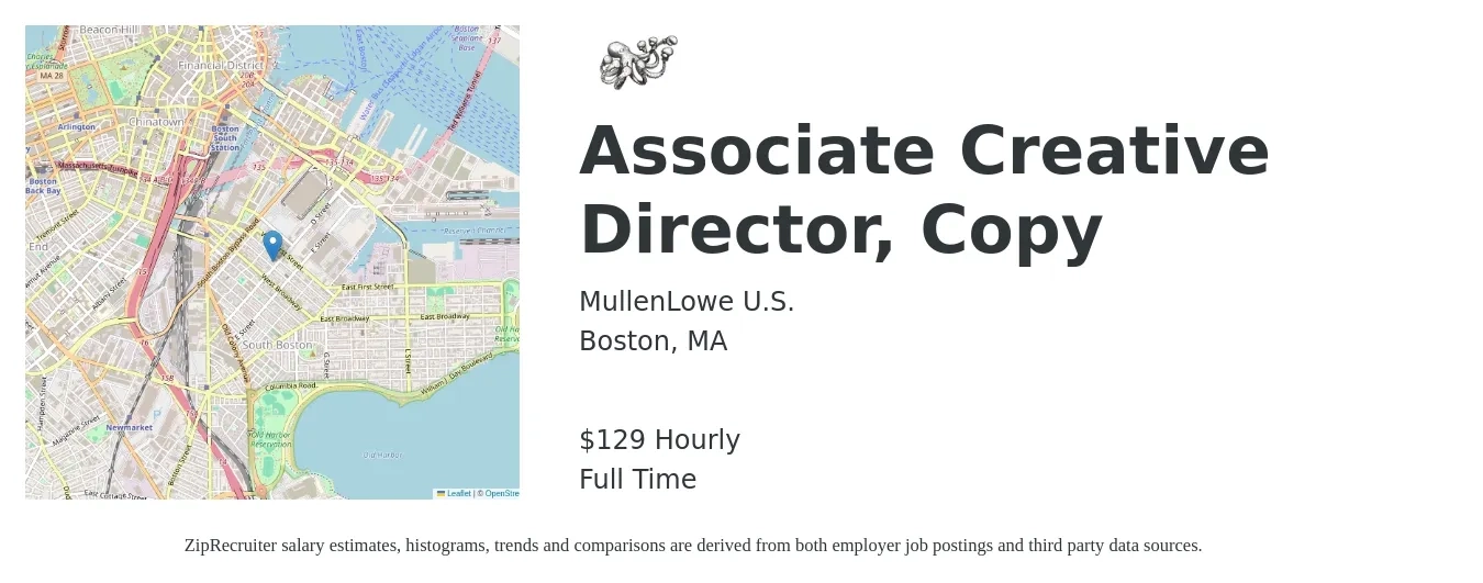 MullenLowe U.S. job posting for a Associate Creative Director, Copy in Boston, MA with a salary of $135 Hourly with a map of Boston location.