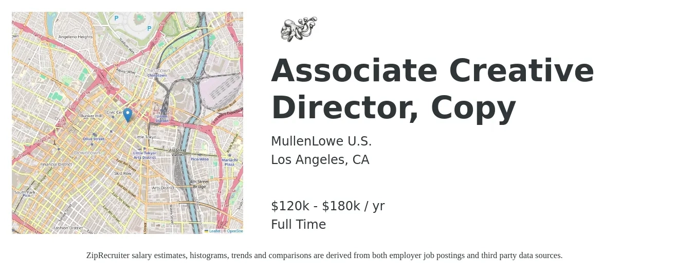MullenLowe U.S. job posting for a Associate Creative Director, Copy in Los Angeles, CA with a salary of $120,000 to $180,000 Yearly with a map of Los Angeles location.