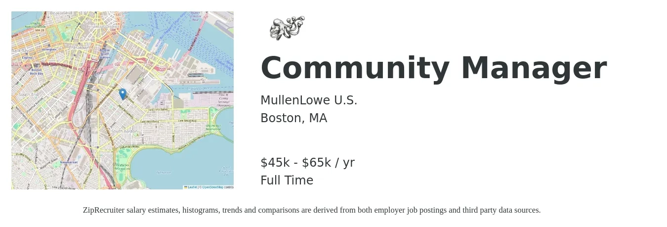 MullenLowe U.S. job posting for a Community Manager in Boston, MA with a salary of $45,000 to $65,000 Yearly with a map of Boston location.