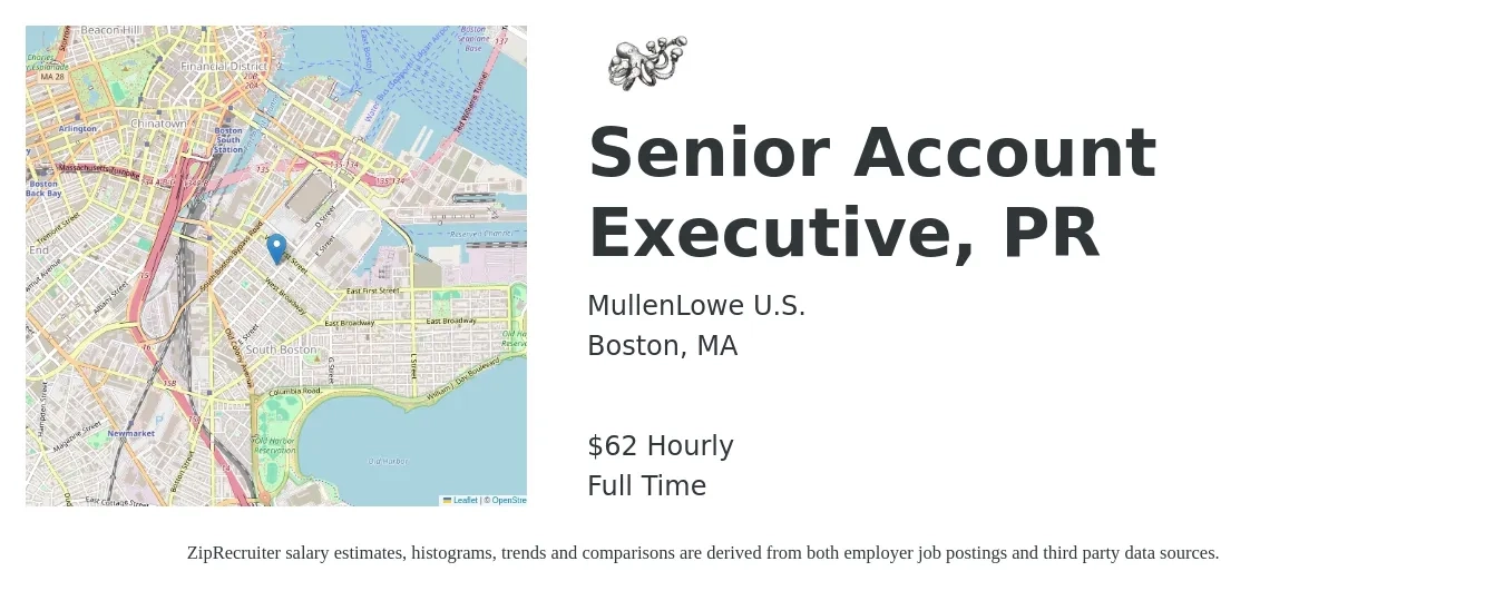 MullenLowe U.S. job posting for a Senior Account Executive, PR in Boston, MA with a salary of $65 Hourly with a map of Boston location.