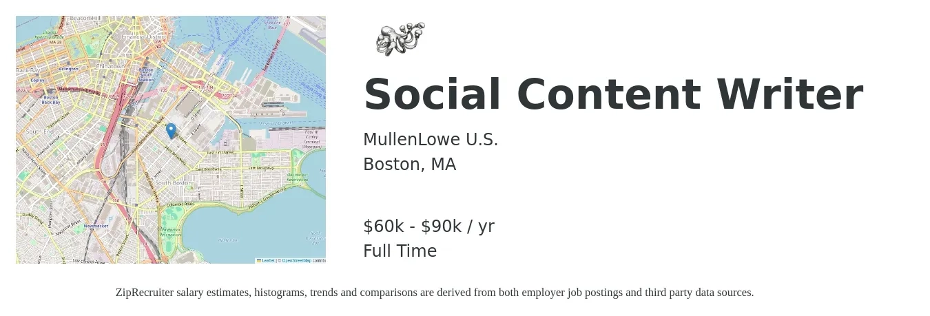 MullenLowe U.S. job posting for a Social Content Writer in Boston, MA with a salary of $60,000 to $90,000 Yearly with a map of Boston location.