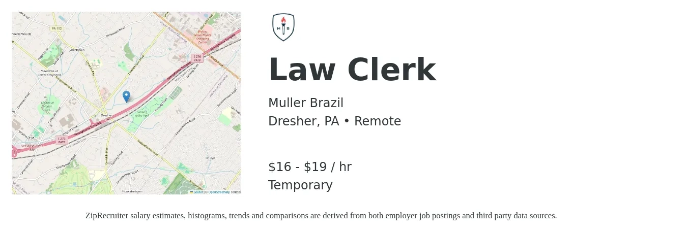 Muller Brazil job posting for a Law Clerk in Dresher, PA with a salary of $17 to $20 Hourly with a map of Dresher location.
