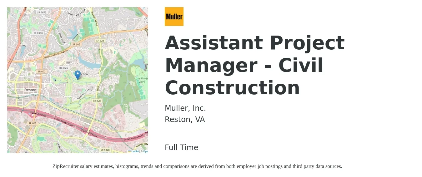 Muller, Inc. job posting for a Assistant Project Manager - Civil Construction in Reston, VA with a salary of $63,500 to $92,600 Yearly with a map of Reston location.