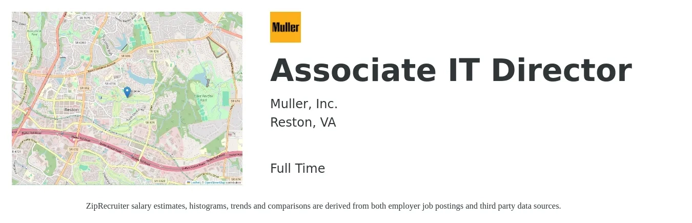 Muller, Inc. job posting for a Associate IT Director in Reston, VA with a salary of $111,300 to $163,300 Yearly with a map of Reston location.