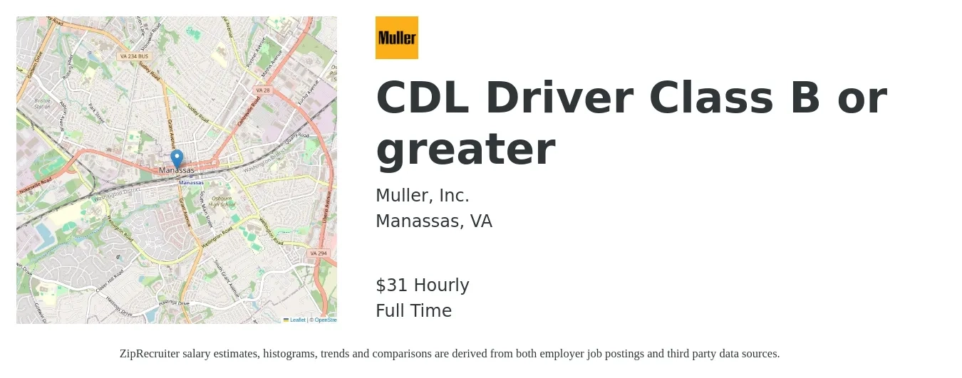 Muller, Inc. job posting for a CDL Driver Class B or greater in Manassas, VA with a salary of $33 Hourly with a map of Manassas location.