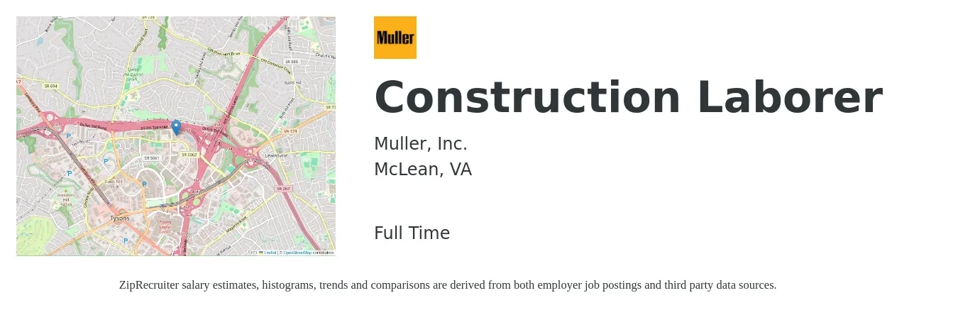 Muller, Inc. job posting for a Construction Laborer in McLean, VA with a salary of $18 to $23 Hourly with a map of McLean location.