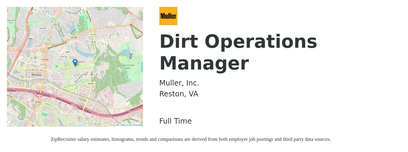 Muller, Inc. job posting for a Dirt Operations Manager in Reston, VA with a salary of $42,700 to $80,600 Yearly with a map of Reston location.