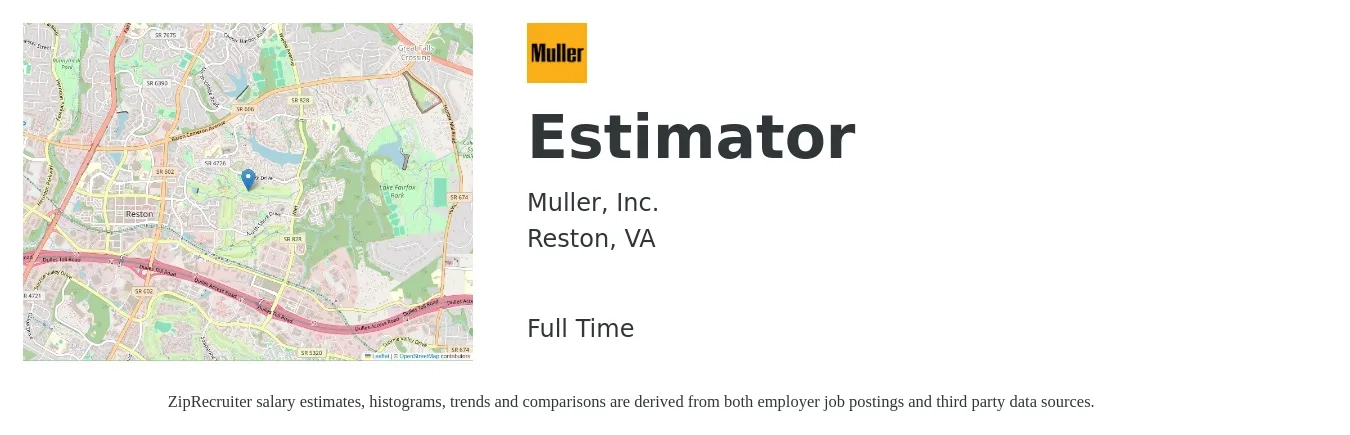 Muller, Inc. job posting for a Estimator in Reston, VA with a salary of $55,100 to $90,000 Yearly with a map of Reston location.