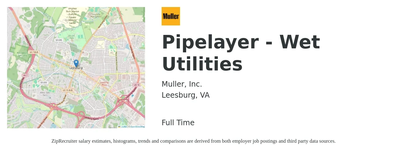 Muller, Inc. job posting for a Pipelayer - Wet Utilities in Leesburg, VA with a salary of $19 to $25 Hourly with a map of Leesburg location.
