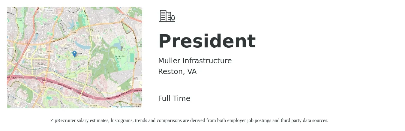 Muller Infrastructure job posting for a President in Reston, VA with a salary of $66,100 to $92,600 Yearly with a map of Reston location.