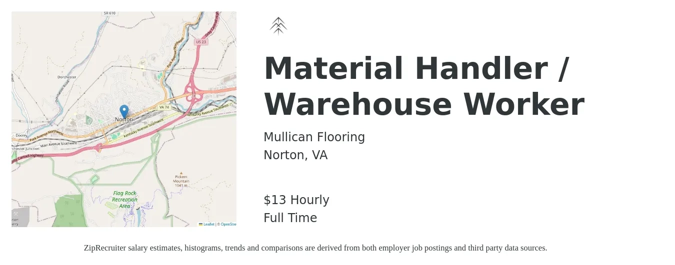 Mullican Flooring job posting for a Material Handler / Warehouse Worker in Norton, VA with a salary of $14 Hourly with a map of Norton location.