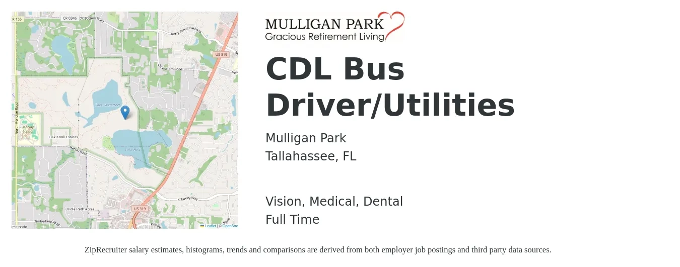Mulligan Park job posting for a CDL Bus Driver/Utilities in Tallahassee, FL with a salary of $24 to $41 Hourly and benefits including dental, life_insurance, medical, pto, retirement, and vision with a map of Tallahassee location.