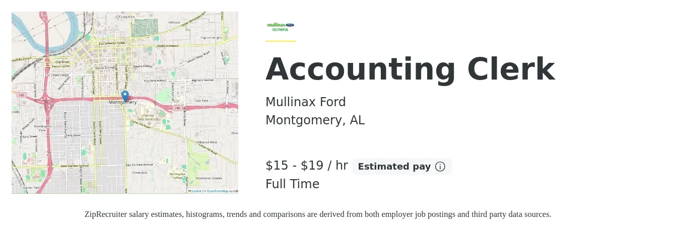 Mullinax Ford job posting for a Accounting Clerk in Montgomery, AL with a salary of $16 to $20 Hourly with a map of Montgomery location.