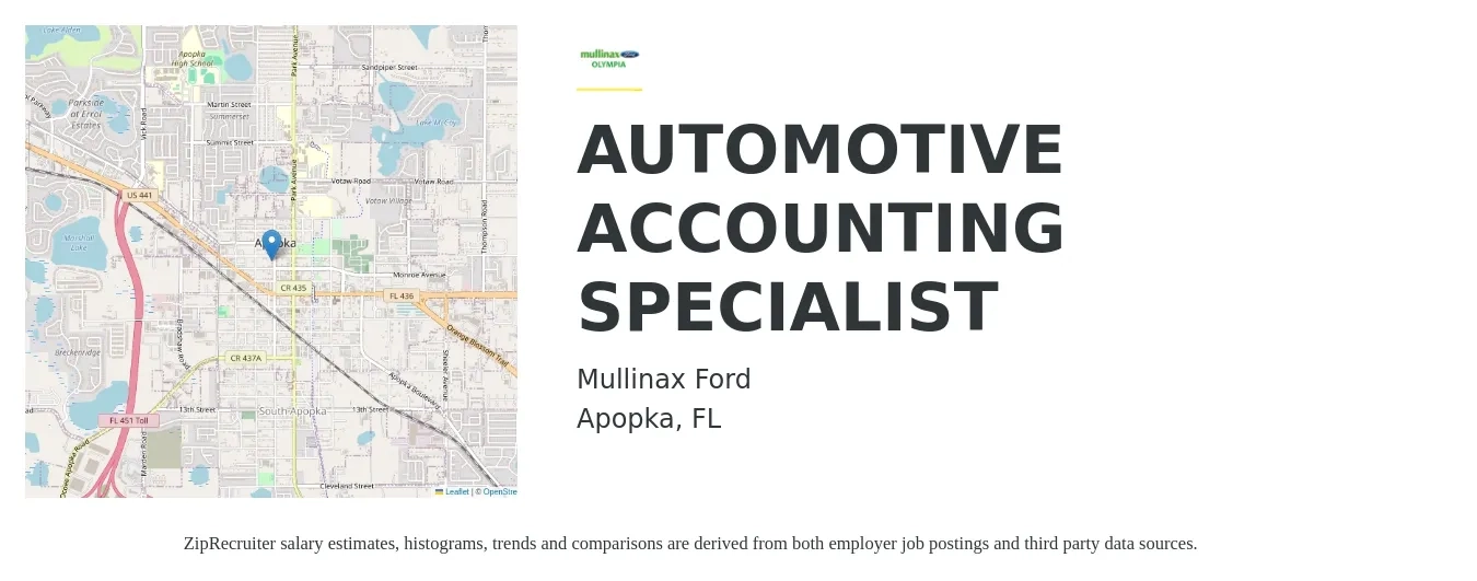 Mullinax Ford job posting for a AUTOMOTIVE ACCOUNTING SPECIALIST in Apopka, FL with a salary of $19 to $20 Yearly with a map of Apopka location.
