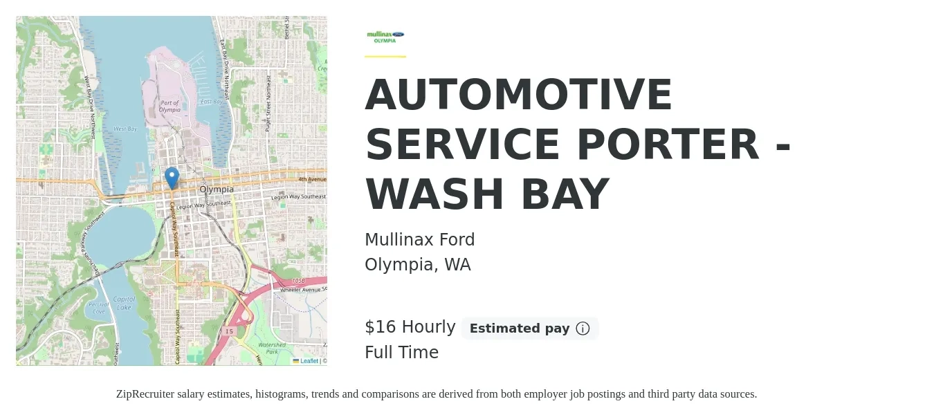 Mullinax Ford job posting for a AUTOMOTIVE SERVICE PORTER - WASH BAY in Olympia, WA with a salary of $18 Hourly with a map of Olympia location.