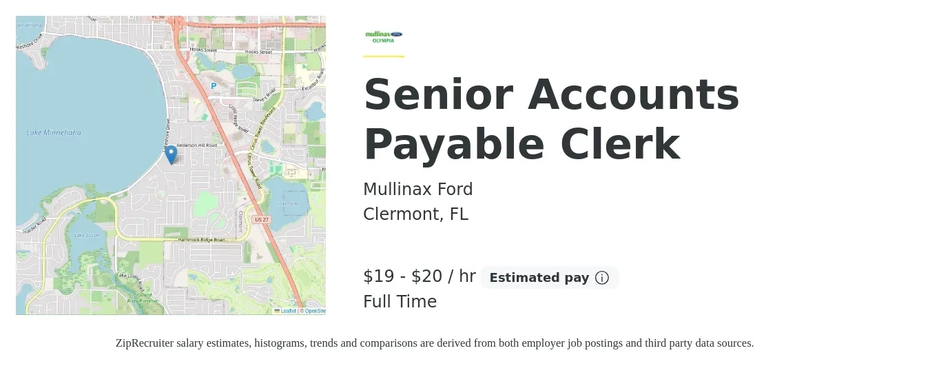 Mullinax Ford job posting for a Senior Accounts Payable Clerk in Clermont, FL with a salary of $20 to $21 Hourly with a map of Clermont location.