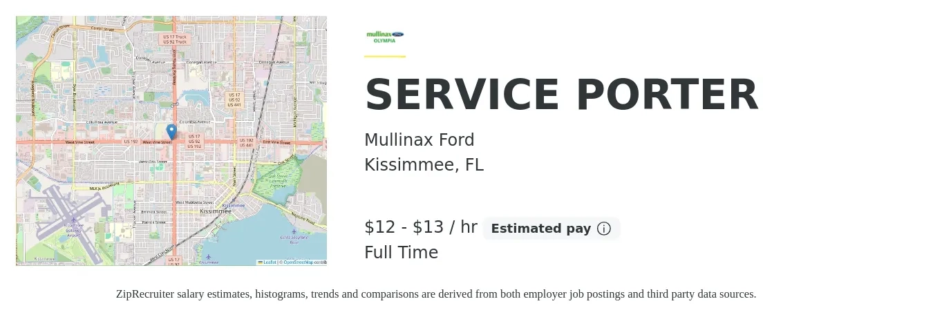 Mullinax Ford job posting for a SERVICE PORTER in Kissimmee, FL with a salary of $13 to $14 Hourly with a map of Kissimmee location.