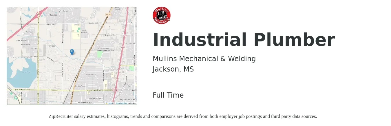 Mullins Mechanical & Welding job posting for a Industrial Plumber in Jackson, MS with a salary of $22 to $32 Hourly with a map of Jackson location.