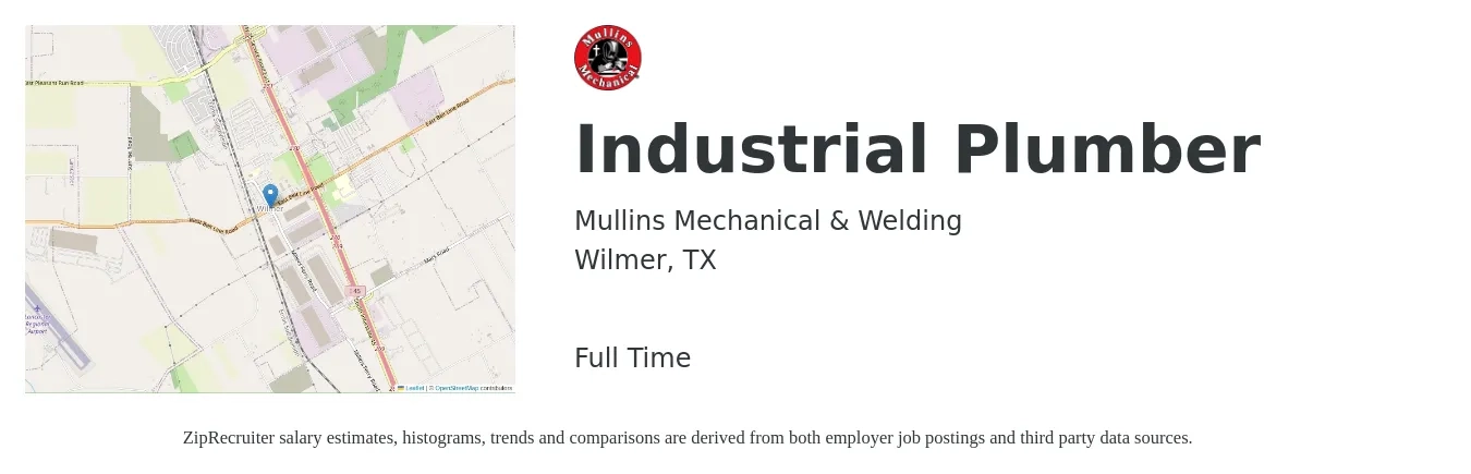 Mullins Mechanical & Welding job posting for a Industrial Plumber in Wilmer, TX with a salary of $24 to $35 Hourly with a map of Wilmer location.