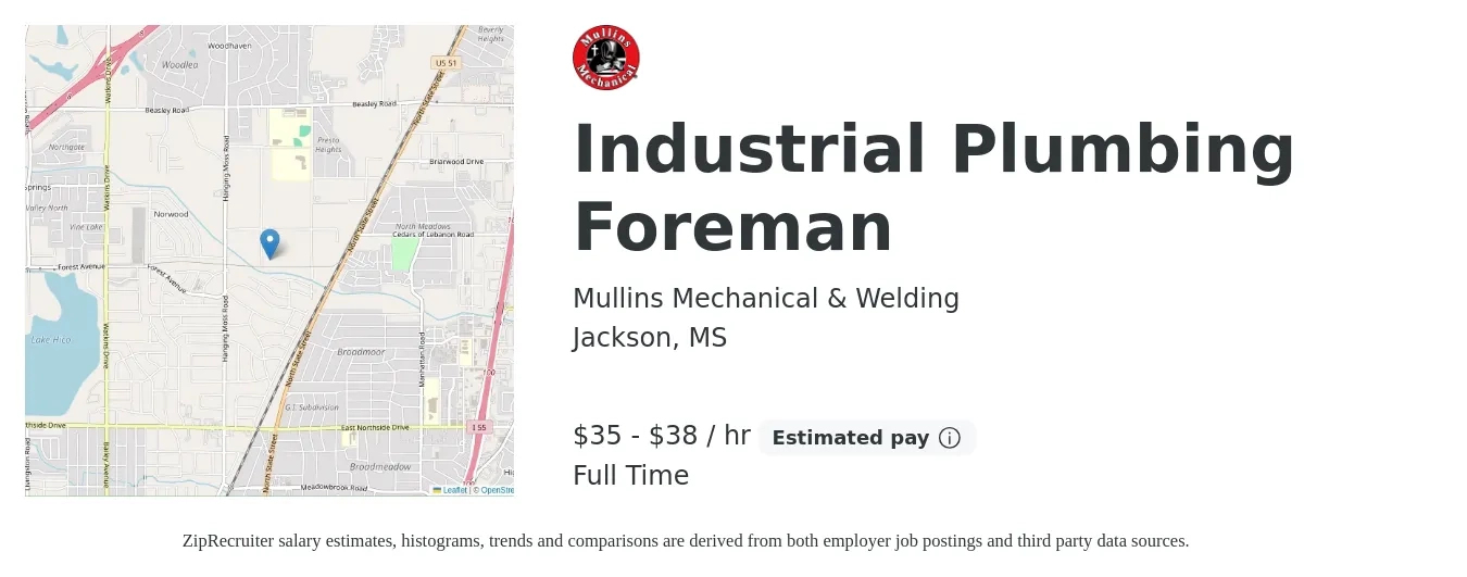 Mullins Mechanical & Welding job posting for a Industrial Plumbing Foreman in Jackson, MS with a salary of $37 to $40 Hourly with a map of Jackson location.
