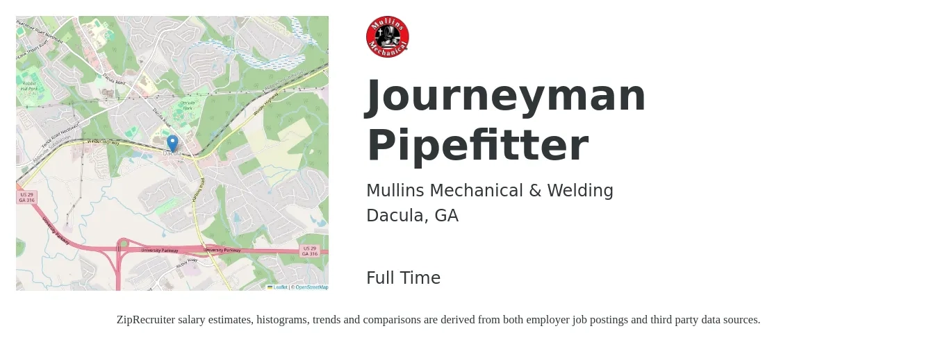 Mullins Mechanical & Welding job posting for a Journeyman Pipefitter in Dacula, GA with a salary of $24 to $34 Hourly with a map of Dacula location.