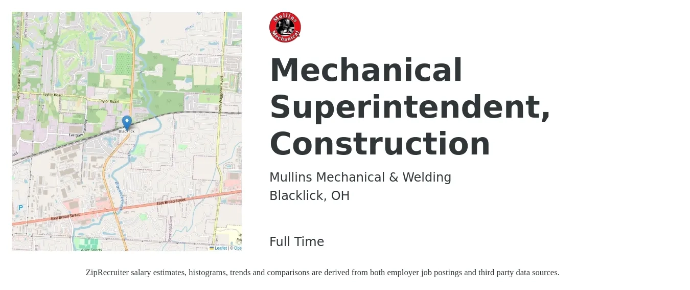 Mullins Mechanical & Welding job posting for a Mechanical Superintendent, Construction in Blacklick, OH with a salary of $68,600 to $111,600 Yearly with a map of Blacklick location.