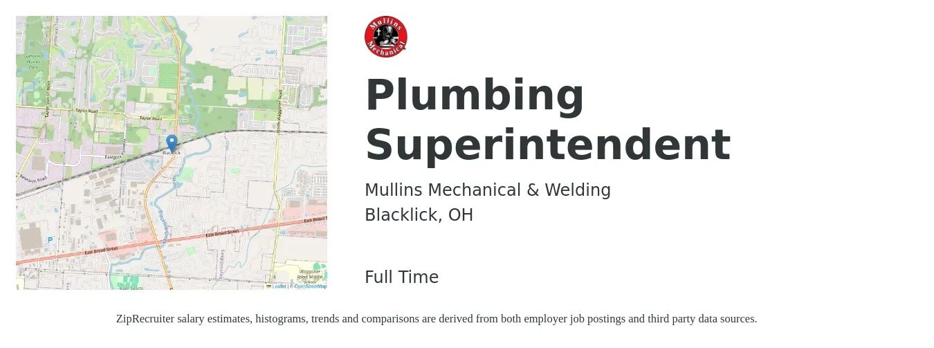 Mullins Mechanical & Welding job posting for a Plumbing Superintendent in Blacklick, OH with a salary of $68,600 to $111,600 Yearly with a map of Blacklick location.