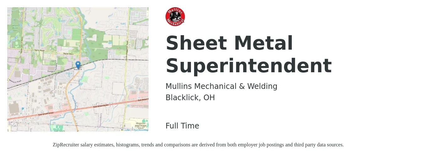 Mullins Mechanical & Welding job posting for a Sheet Metal Superintendent in Blacklick, OH with a salary of $68,600 to $111,600 Yearly with a map of Blacklick location.