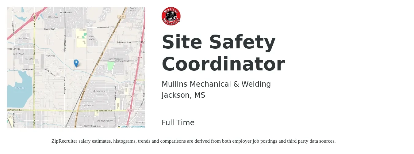 Mullins Mechanical & Welding job posting for a Site Safety Coordinator in Jackson, MS with a salary of $26 to $38 Hourly with a map of Jackson location.