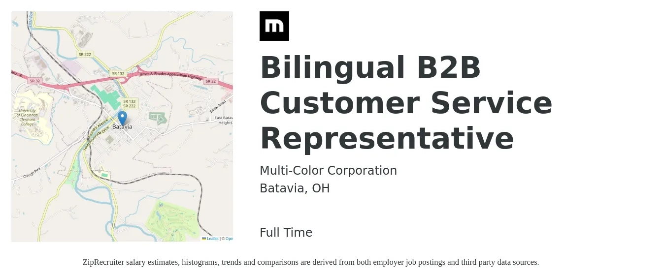Multi-Color Corporation job posting for a Bilingual B2B Customer Service Representative in Batavia, OH with a salary of $55,000 Yearly and benefits including retirement, vision, dental, life_insurance, and medical with a map of Batavia location.