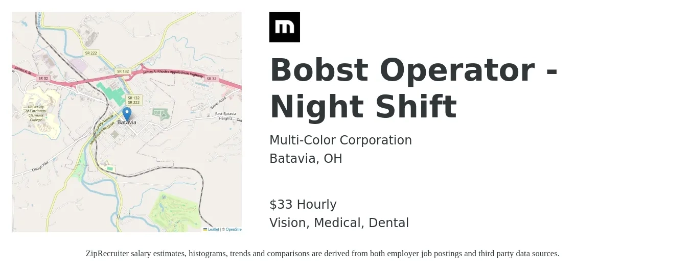 Multi-Color Corporation job posting for a Bobst Operator - Night Shift in Batavia, OH with a salary of $35 Hourly and benefits including dental, life_insurance, medical, retirement, and vision with a map of Batavia location.