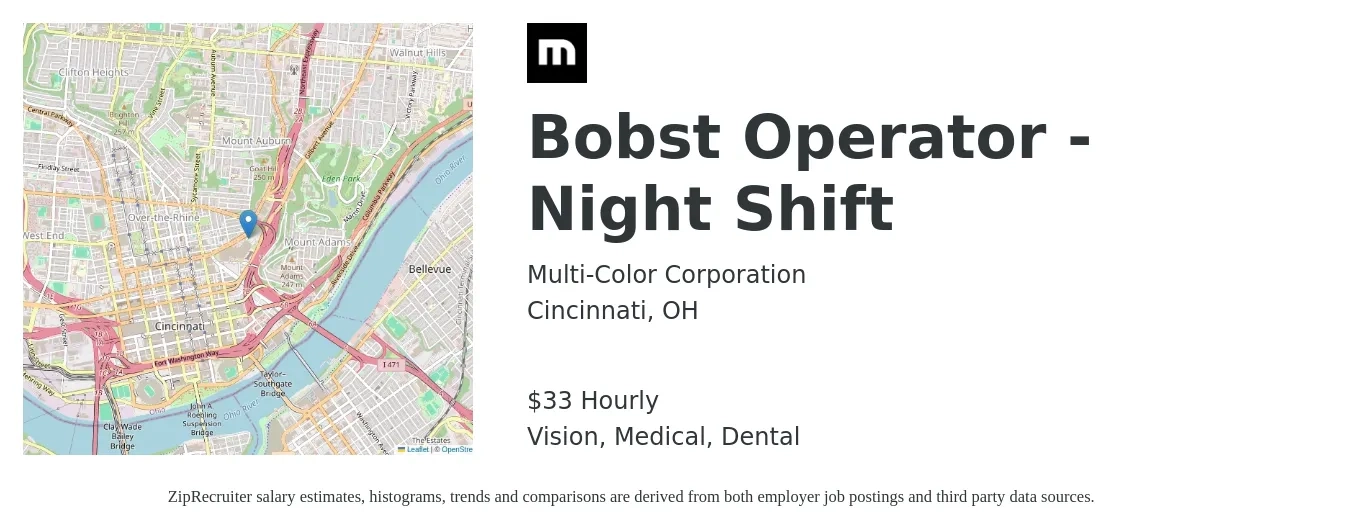 Multi-Color Corporation job posting for a Bobst Operator - Night Shift in Cincinnati, OH with a salary of $35 Hourly and benefits including medical, retirement, vision, dental, and life_insurance with a map of Cincinnati location.