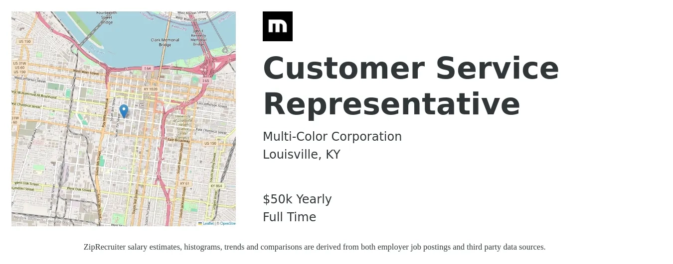 Multi-Color Corporation job posting for a Customer Service Representative in Louisville, KY with a salary of $50,000 Yearly and benefits including life_insurance, medical, retirement, vision, and dental with a map of Louisville location.