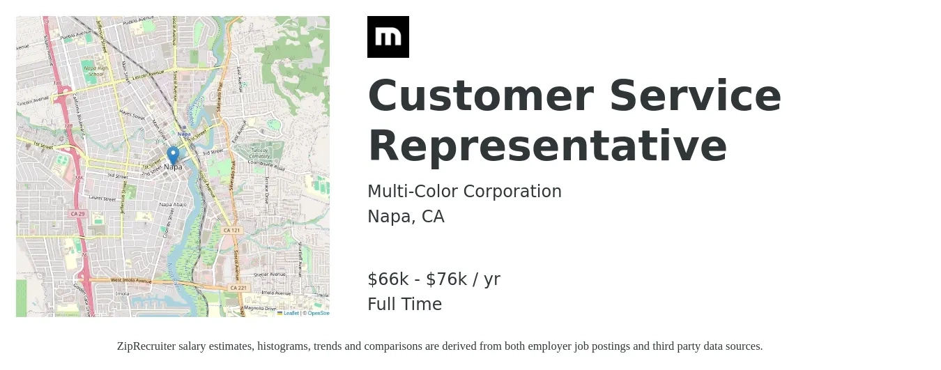 Multi-Color Corporation job posting for a Customer Service Representative in Napa, CA with a salary of $66,650 to $76,000 Yearly and benefits including vision, dental, life_insurance, medical, and retirement with a map of Napa location.