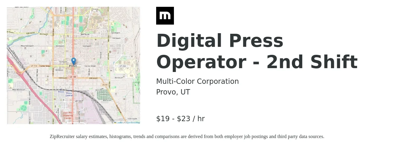 Multi-Color Corporation job posting for a Digital Press Operator - 2nd Shift in Provo, UT with a salary of $20 to $24 Hourly and benefits including medical, retirement, vision, dental, and life_insurance with a map of Provo location.