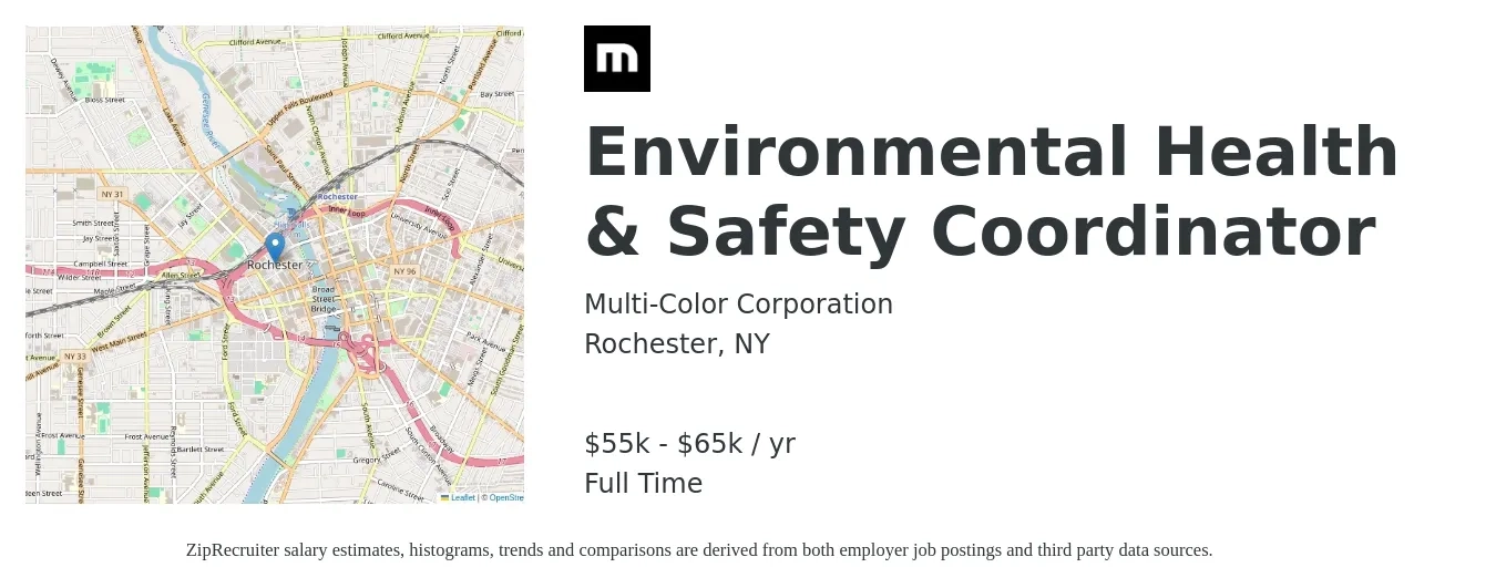 Multi-Color Corporation job posting for a Environmental Health & Safety Coordinator in Rochester, NY with a salary of $55,000 to $65,000 Yearly and benefits including dental, life_insurance, medical, retirement, and vision with a map of Rochester location.