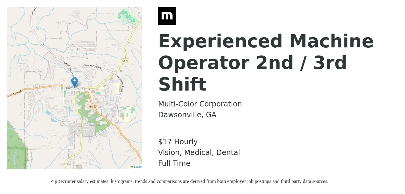 Multi-Color Corporation job posting for a Experienced Machine Operator 2nd / 3rd Shift in Dawsonville, GA with a salary of $18 Hourly and benefits including dental, life_insurance, medical, retirement, and vision with a map of Dawsonville location.