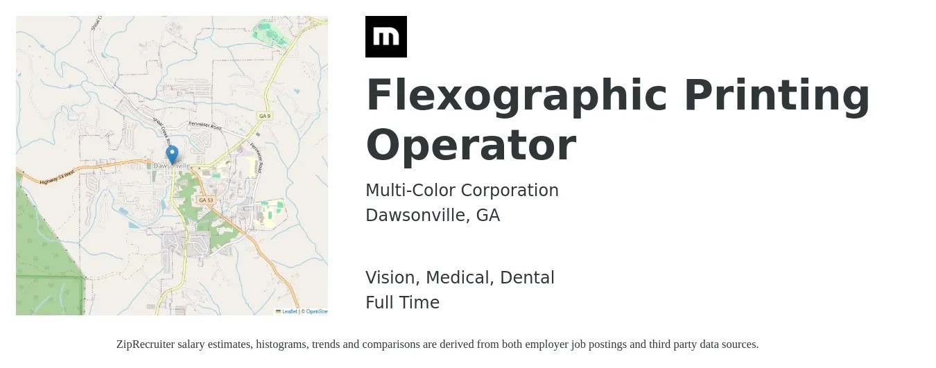 Multi-Color Corporation job posting for a Flexographic Printing Operator in Dawsonville, GA with a salary of $19 to $25 Hourly and benefits including medical, retirement, vision, dental, and life_insurance with a map of Dawsonville location.