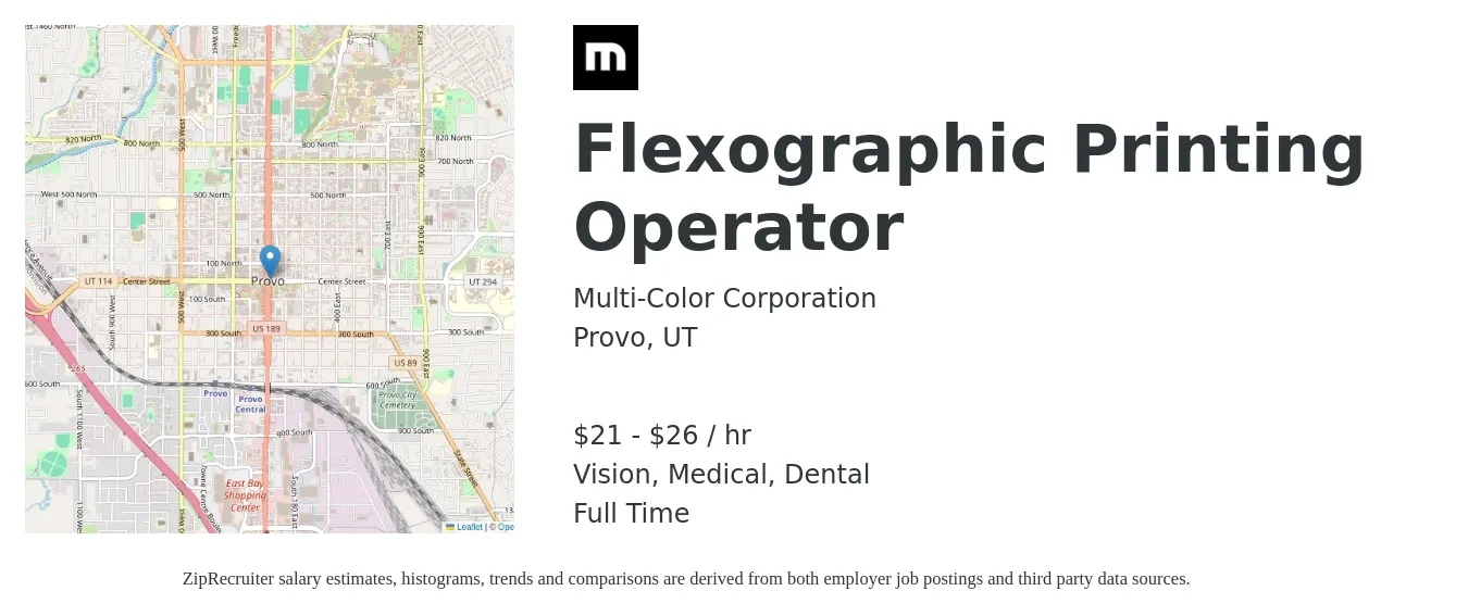 Multi-Color Corporation job posting for a Flexographic Printing Operator in Provo, UT with a salary of $22 to $28 Hourly and benefits including dental, life_insurance, medical, retirement, and vision with a map of Provo location.