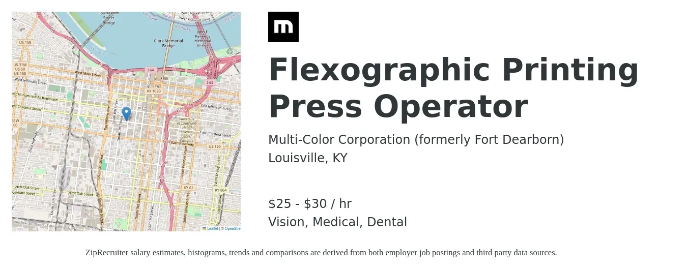 Multi-Color Corporation job posting for a Flexographic Printing Press Operator in Louisville, KY with a salary of $26 to $32 Hourly and benefits including retirement, vision, dental, life_insurance, and medical with a map of Louisville location.