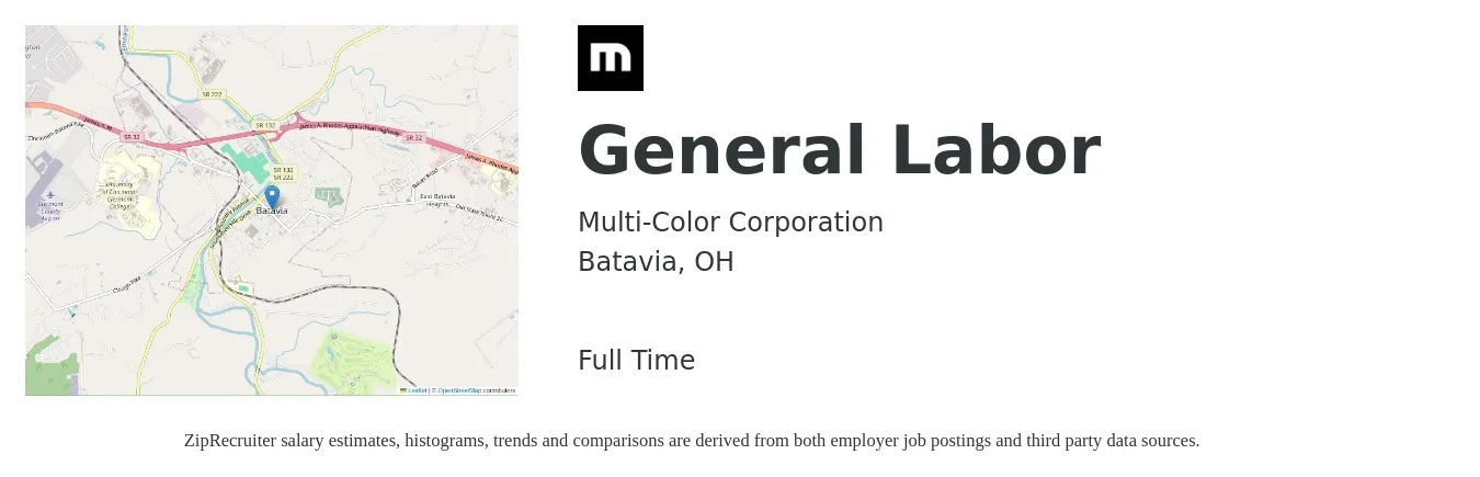 Multi-Color Corporation job posting for a General Labor in Batavia, OH with a salary of $18 Hourly and benefits including vision, dental, life_insurance, medical, and retirement with a map of Batavia location.