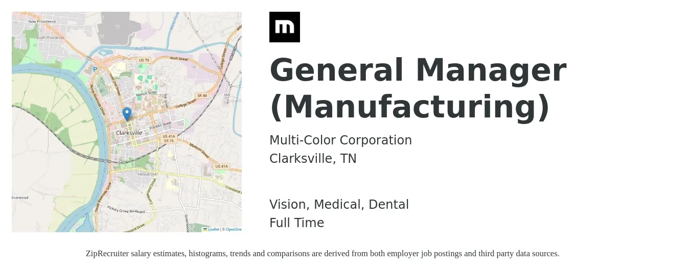 Multi-Color Corporation job posting for a General Manager (Manufacturing) in Clarksville, TN with a salary of $62,600 to $133,900 Yearly and benefits including life_insurance, medical, retirement, vision, and dental with a map of Clarksville location.