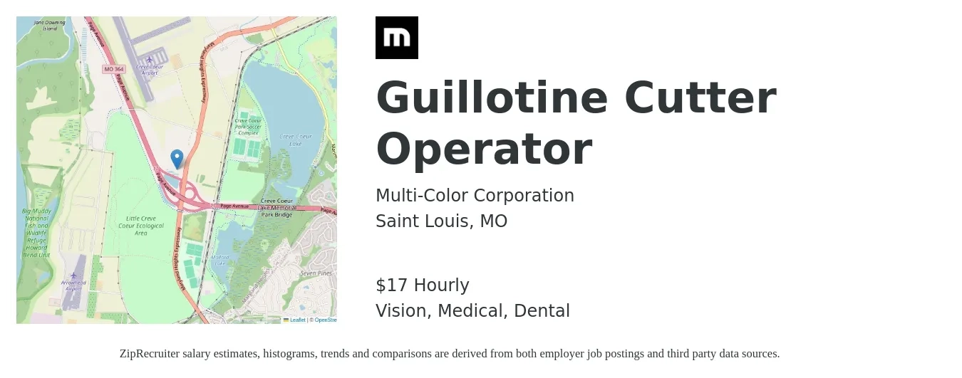 Multi-Color Corporation job posting for a Guillotine Cutter Operator in Saint Louis, MO with a salary of $18 Hourly and benefits including retirement, vision, dental, life_insurance, and medical with a map of Saint Louis location.