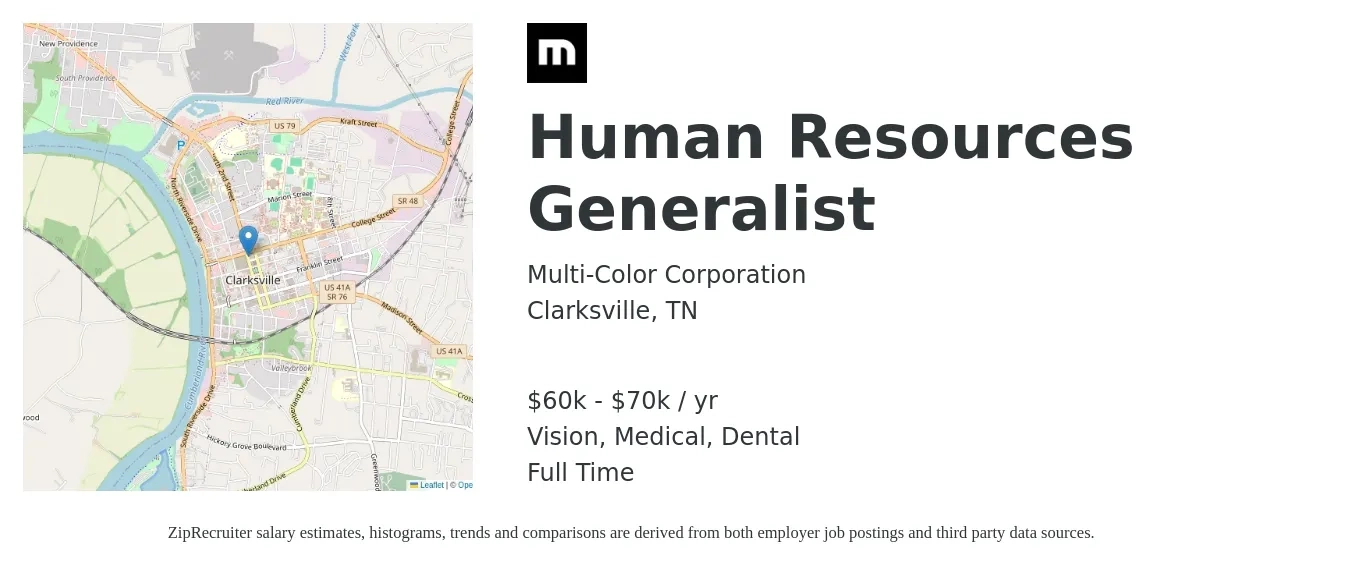 Multi-Color Corporation job posting for a Human Resources Generalist in Clarksville, TN with a salary of $60,000 to $70,000 Yearly and benefits including medical, retirement, vision, dental, and life_insurance with a map of Clarksville location.